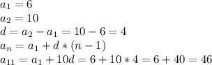 a_1=6&#10;\\a_2=10&#10;\\d=a_2-a_1=10-6=4&#10;\\a_n=a_1+d*(n-1)&#10;\\a_{11}=a_1+10d=6+10*4=6+40=46