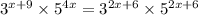 {3}^{x + 9} \times {5}^{4x} = {3}^{2x + 6} \times {5}^{2x + 6}