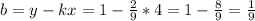 b=y-kx=1- \frac{2}{9} * 4=1- \frac{8}{9} = \frac{1}{9}