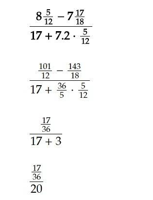Решите : (8целых 5/12-7целых17/18): 17+7,2*5/12
