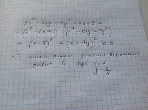 Знайти найменше значення виразу: 2х^2-4xy+4y^2-6x+9