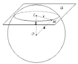Шар, радиус которого 4 дм. пересечён плоскостью на расстоянии 2 дм. от центра. найдите площадь сечен