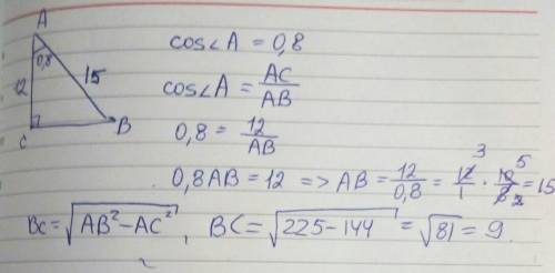 Впрямоугольного треугольника один из катет равен 12 см косинус угла прилежащего катету 0,8. найдите