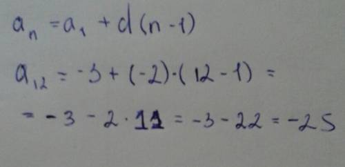 Арифметическая прогрессия задана своим первым членом a1 = -3 и разностью d = -2. найдите двенадцатый