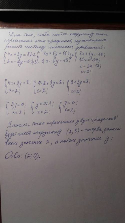 Найдите координаты точки пересечения графиков функций 4x+3y=8 и 3x-2y=6 .опишите подробнее не !