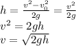 h= \frac{v^2-v_{0}^2}{2g} = \frac{v^2}{2g} \\ v^2=2gh \\ v=\sqrt{2gh}