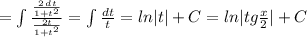 =\int \frac{\frac{2\, dt}{1+t^2}}{ \frac{2t}{1+t^2} } =\int \frac{dt}{t}=ln|t|+C=ln|tg\frac{x}{2}|+C