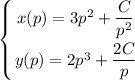 \displaystyle ~~~~~~ \left \{ {{x(p)=3p^2+ \dfrac{C}{p^2}} \atop {y(p)=2p^3+\dfrac{2C}{p}}} \right.