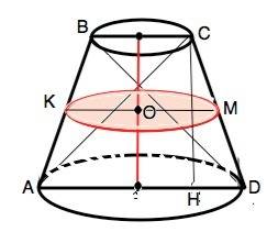 Диагонали осевого сечения конусы перпендикулярны, высота = н. найти площадь сечения усеченного конус