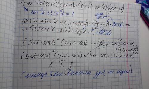 (1+2sin a cos a)(tg a -1) = (sin^2 a - cos^2 a)(tg a + 1)