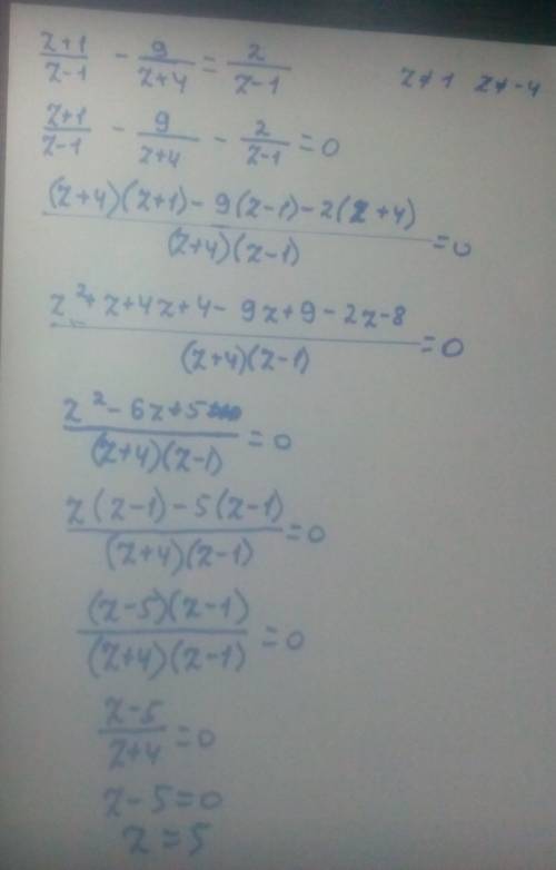 Решит уровнение по 8 класс z+1/z-1 - 9/ z+4 = 2/ z-1