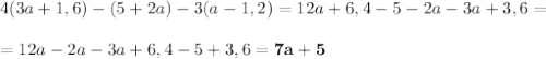 4(3a+1,6)-(5+2a)-3(a-1,2)=12a+6,4-5-2a-3a+3,6=\\\\ =12a-2a-3a+6,4-5+3,6=\bold{7a+5}