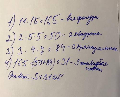 Из листа фанеры размером 11см×15см выпили 2 квадрата со стороною 5 см и 3 прямоугольника со сторонам