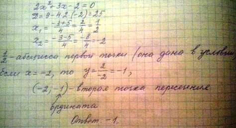 Графики функций y=k/x и y=2x+3 пересекаются в точке (0,5; 4). найдите ординату второй точки пересече