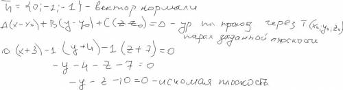 Составить уравнение плоскости, которая проходит через а(-3; -4; -7) параллельно плоскости -y-z+4=0