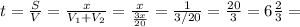 t= \frac{S}{V}=\frac{x}{V_1+V_2}= \frac{x}{ \frac{3x}{20} } = \frac{1}{3/20} = \frac{20}{3} =6\frac{2}{3}=