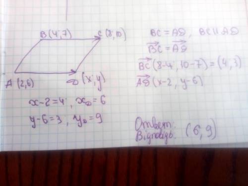 Знайдiть координат четвертом вершини параллелограма abcd: a(2; 6), b(4; 7), c(8; 10)​