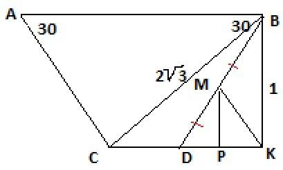 Вравнобедренной трапеции авсd(ав||сd), угол а равен 30 градусов, высота вк равна 1см, сторона вс рав
