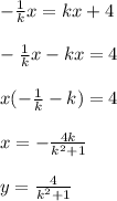 - \frac{1}{k} x=kx+4\\\\- \frac{1}{k}x - kx = 4 \\\\x(- \frac{1}{k}-k)=4\\\\x=- \frac{4k}{ k^{2}+1 } \\\\y = \frac{4}{ k^{2}+1 }