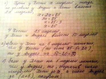 Утрёх друзей всего 75 автомоделей. у кости моделей в 2 раза меньше, чем у андрея и пети вместе. у пе