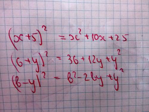 Представьте в виде многочленов (х+5)^2 ; (6+у)^2 ; (b-y)^2