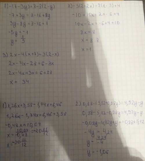 1) -(7-3у)=8-8(2-у) 2) -5(2-2х)=2(х-3)+4 3) 2х-4(х+7)=3(2-х) 1) 1,26х+3,58=1,74х+6,46 2) 0,88-(5,12+