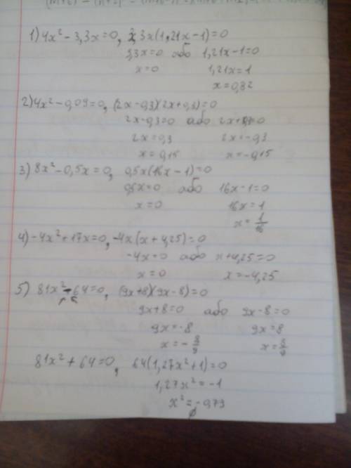 Решите неполное квадратное уравнение: 1) 4x^2-3.3x=0 2)4x^2-0.09=0 3)8x^2-0.5x=0 4)-4x^2+17x=0 5)81x