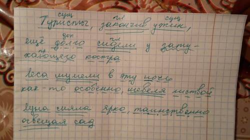 Туристы, закончив ужин, еще долго сидели у затухающего костра. 2. леса шумели в эту ночь как-то особ