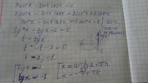 3sin^2x-sinxcosx=2 решите уравнение