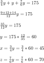 \frac{3}{4} y + y + \frac{7}{6} y = 175 \\ \\ \frac{9+12+14}{12}y = 175 \\ \\ \frac{35}{12} y = 175 \\ \\ y= 175* \frac{12}{35} =60 \\ \\ x = \frac{3}{4} y = \frac{3}{4} *60=45 \\ \\ z = \frac{7}{6} y = \frac{7}{6} *60=70