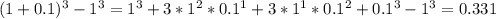 (1+0.1)^{3} - 1^{3} = 1^{3} + 3*1^{2}*0.1^{1} + 3*1^{1}*0.1^{2} + 0.1^{3} - 1^{3} = 0.331