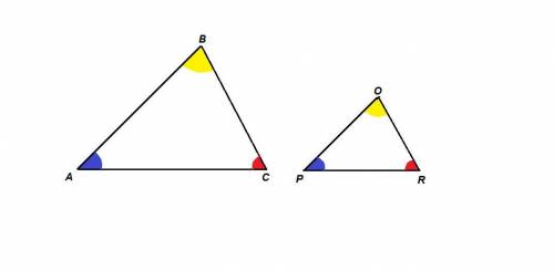 Втреугольниках abc и por известно, что угол a=p, в=о, с=r. укажите сходственные стороны и распишите.