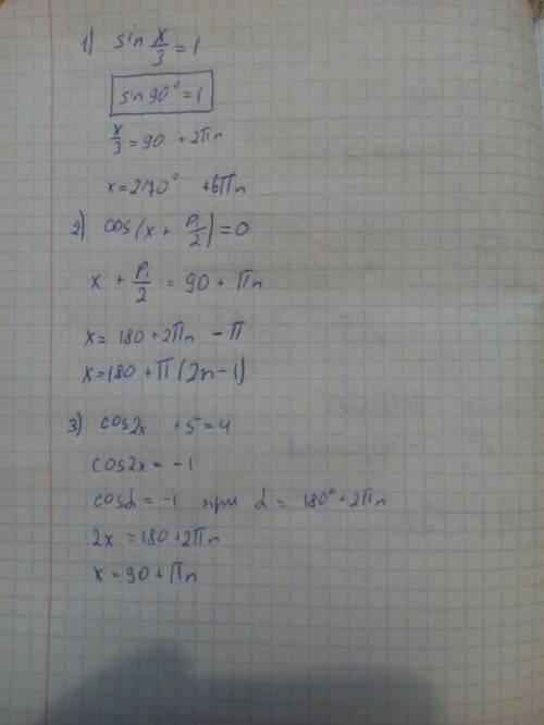 Решить частные случаи тригонометрических уравнений. 1) sin x/3=1 2) cos(x+pi/2)=0 3) cos 2x+5=4