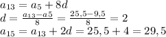 a_{13} = a_{5} + 8d \\&#10;d = \frac{a_{13}-a{5}}{8} = \frac{25,5-9,5}{8} = 2 \\&#10;a_{15} = a_{13} + 2d = 25,5 + 4 = 29,5