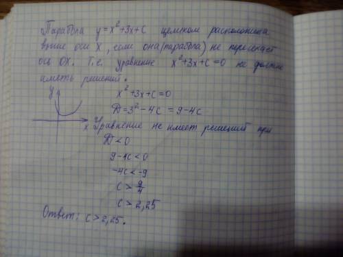 При каких значениях c парабола y=x^2+3x+c целиком расположена выше оси x?