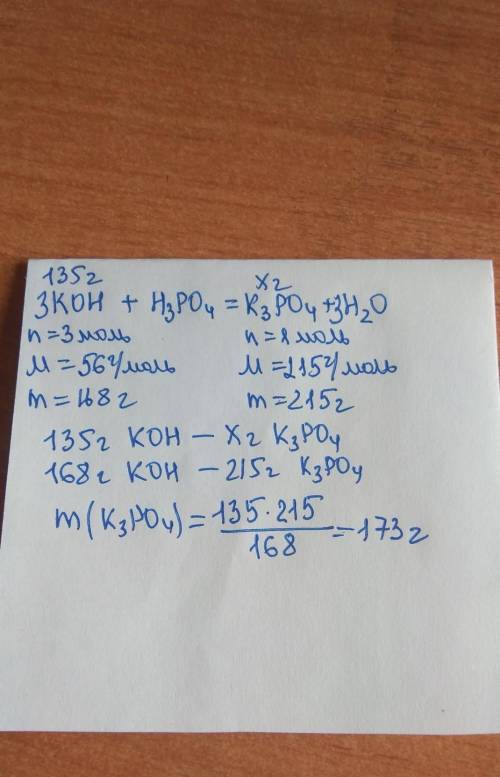 Определите массу соли которая образуется при взаимодействии 135 г гидроксида калия и ортофосфорной к