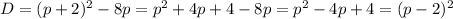 D=(p+2)^2-8p=p^2+4p+4-8p=p^2-4p+4=(p-2)^2