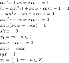 cos^2x+sinx*cosx=1&#10;\\(1-sin^2x)+sinx*cosx-1=0&#10;\\-sin^2x+sinx*cosx=0&#10;\\sin^2x-sinx*cosx=0&#10;\\sinx(sinx-cosx)=0&#10;\\sinx=0&#10;\\x_1=\pi n,\ n \in Z&#10;\\sinx-cosx=0&#10;\\sinx=cosx&#10;\\tgx=1&#10;\\x_2= \frac{\pi}{4} +\pi n,\ n \in Z