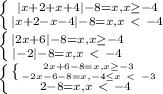 \left \{ {{|x+2+x+4|-8=x,x \geq -4} \atop {|x+2-x-4|-8=x,x\ \textless \ -4}} \right. \\ \left \{ {{|2x+6|-8=x,x \geq -4} \atop {|-2|-8=x,x\ \textless \ -4}} \right. \\ \left \{ {{ \left \{ {{2x+6-8=x,x \geq -3} \atop {-2x-6-8=x,-4 \leq x \ \textless \ -3}} \right. } \atop {2-8=x,x\ \textless \ -4}} \right.