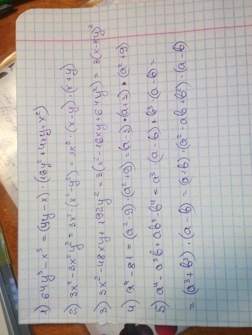 Разложите на множители : 1) 64y³-x³; 2) 3x⁴-3x²y²; 3) 3x²-48xy+192y²; 4) a⁴-81; 5) a⁴- a³b+ab³-b⁴