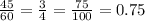 \frac{45}{60} = \frac{3}{4} = \frac{75}{100} = 0.75