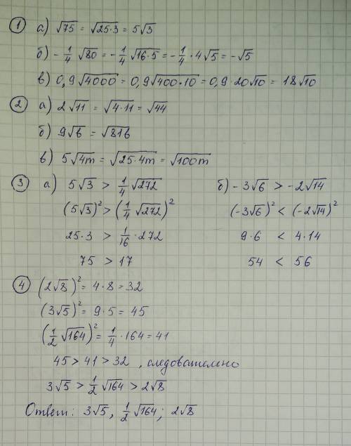 1.вынесите множитель за знак корня и полученные выражения а)√75 б)-1/4√80 в)0.9√4000 г)1/5√500 2.вне