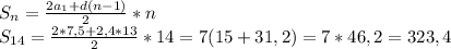 S_n= \frac{2a_1+d(n-1)}{2} *n&#10;\\S_{14}= \frac{2*7,5+2,4*13}{2} *14=7(15+31,2)=7*46,2=323,4