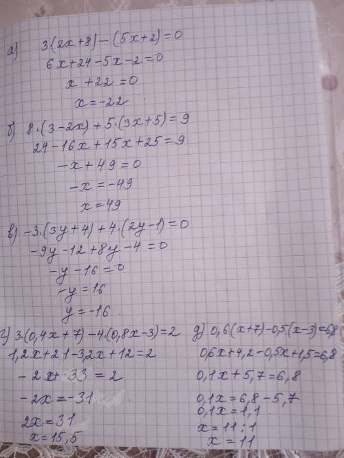 Решите уравнения ! 28 а) 3(2x++2)=0 б)8(3-2х)+5(3х+5)=9 в)-3(3у+4)+4(2у-1)=0 г) 3(0,4х+7)-4(0,8х-3)=