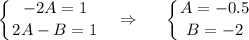 \displaystyle \left \{ {{-2A=1} \atop {2A-B=1}} \right. ~~\Rightarrow~~~~ \left \{ {{A=-0.5} \atop {B=-2}} \right.