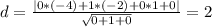 d= \frac{|0*(-4)+1*(-2)+0*1+0|}{ \sqrt{0+1+0} } =2