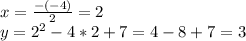 x= \frac{-(-4)}{2} =2&#10;\\y=2^2-4*2+7=4-8+7=3