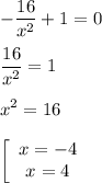 \displaystyle - \frac{16}{x^2} + 1 = 0 \\\\\frac{16}{x^2} = 1 \\\\x^2 = 16 \\\\\left[\begin{array}{ccc}x=-4\\x=4\end{array}\right