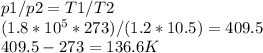 p1/p2=T1/T2\\(1.8*10^5*273)/(1.2*10.5)=409.5\\409.5-273=136.6K