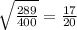 \sqrt{ \frac{289}{400} } = \frac{17}{20}